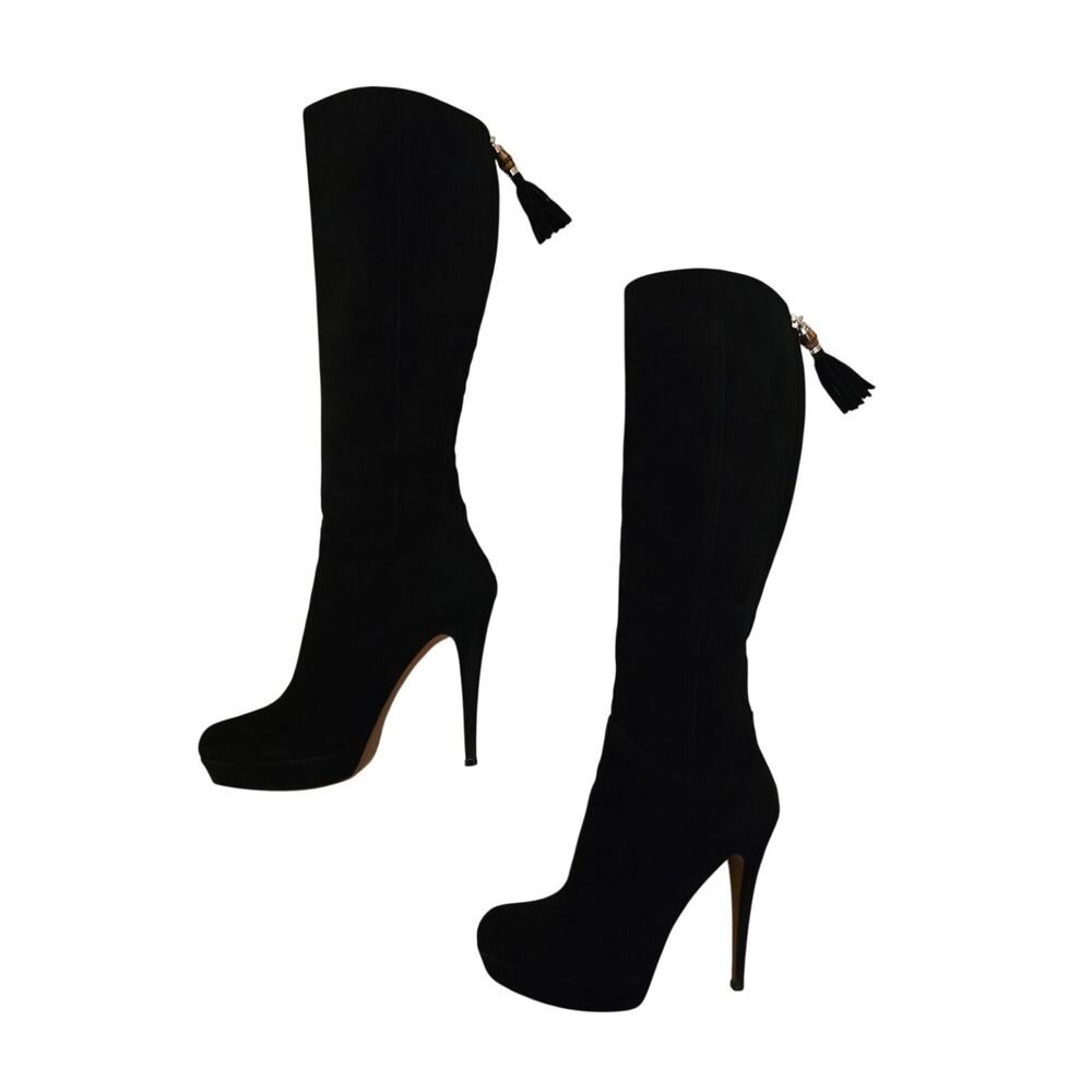 Gucci Black Suede Knee High Riding Platform Boots Bamboo Tassel Tall Heels 38 8 - Picture 1 of 10